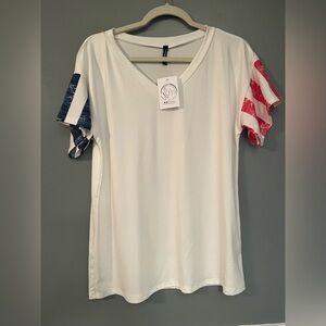 Vibrant White Tee with Patriotic Sleeves